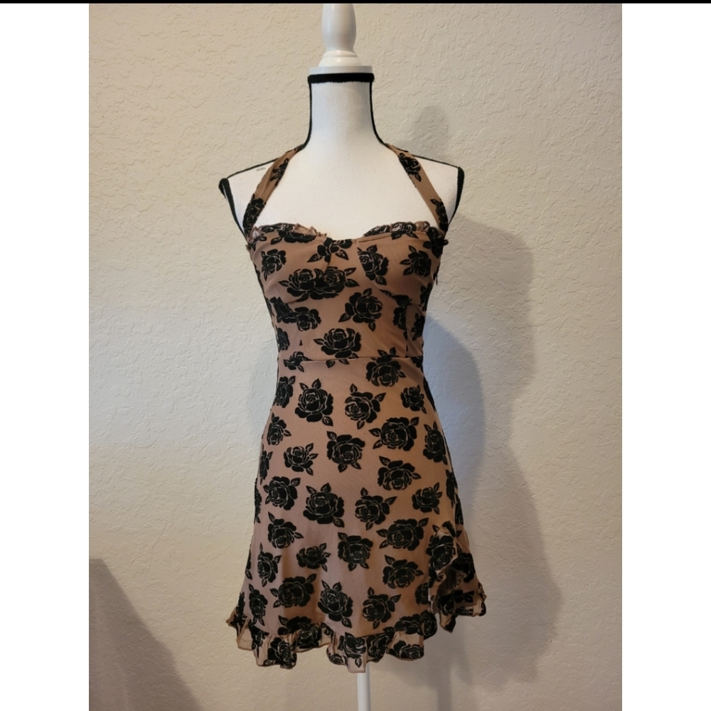 Brown and Black Floral Halter Dress